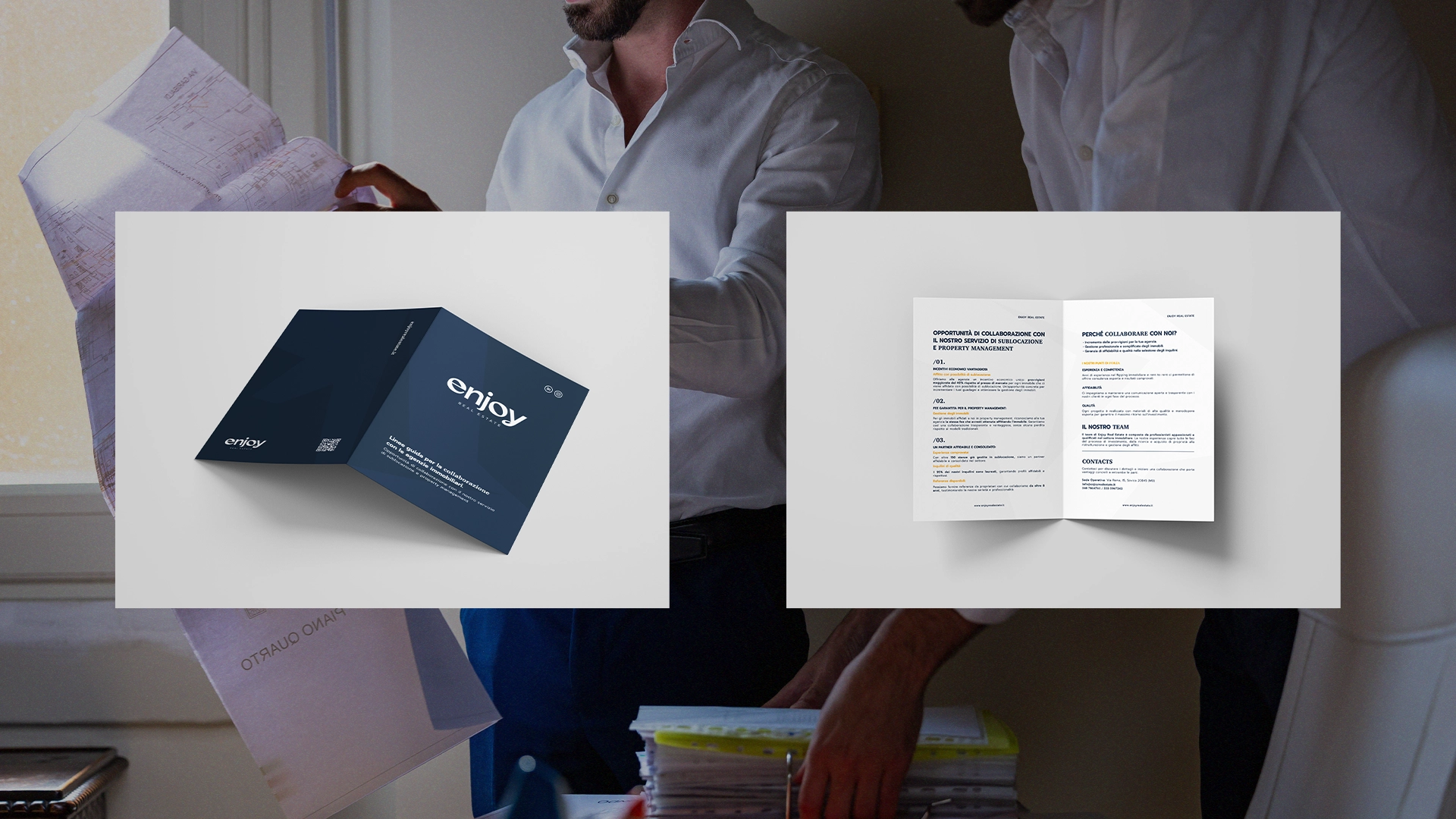 Materiali stampati per Enjoy Real Estate: brochure e documenti con il nuovo brand