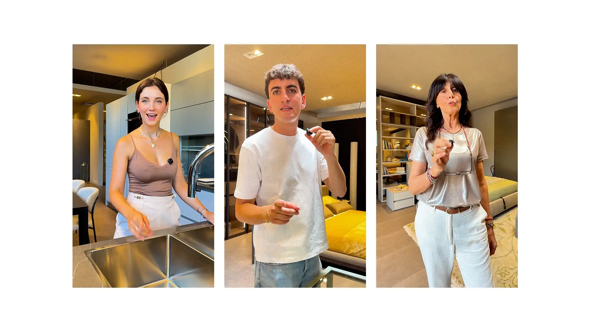 Tre frame dei video social girati nello showroom DGM a Giussano