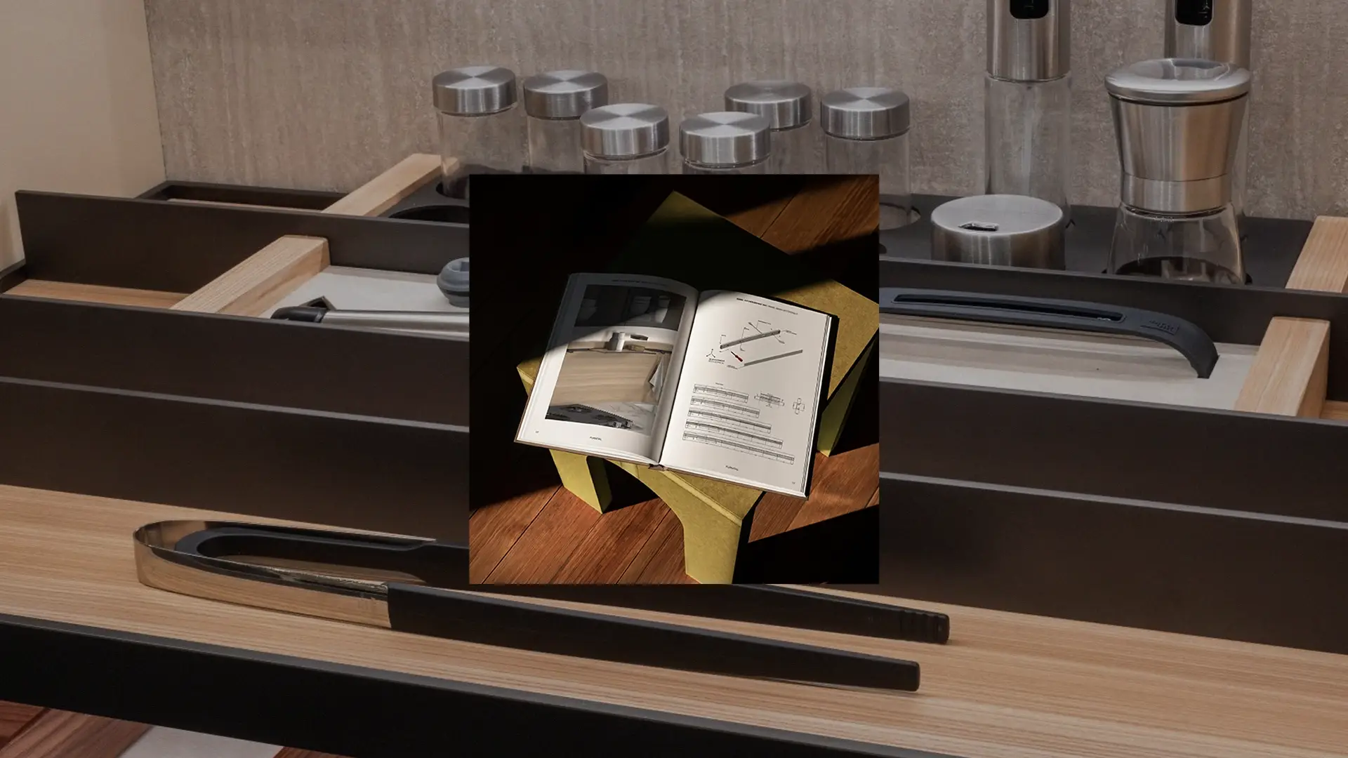 Catalogo Furnital aperto su un piano cucina con contenitori e accessori