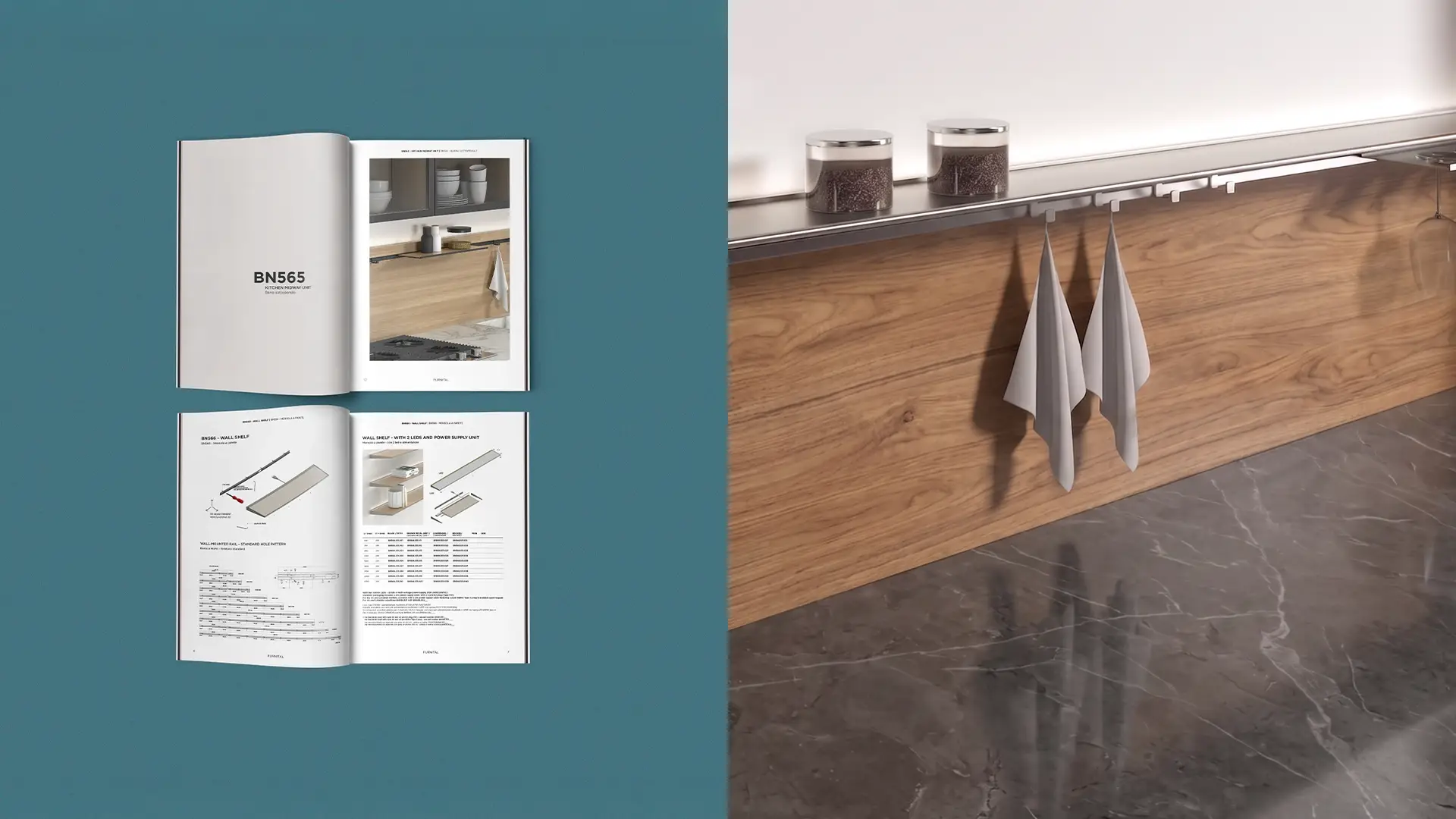 Catalogo Furnital BN65 aperto accanto a una cucina con barra portautensili