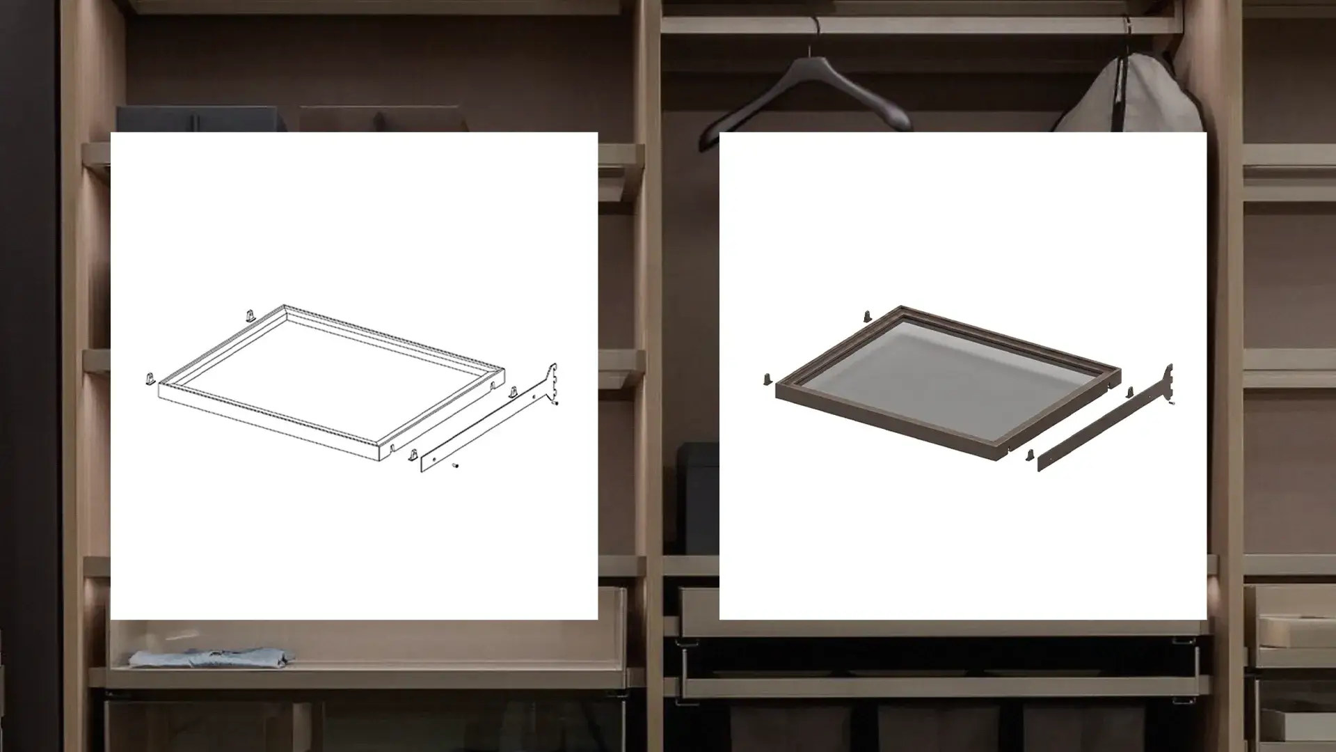 Disegni tecnici di cassetti Furnital per cabine armadio, dal catalogo curato da Web Create