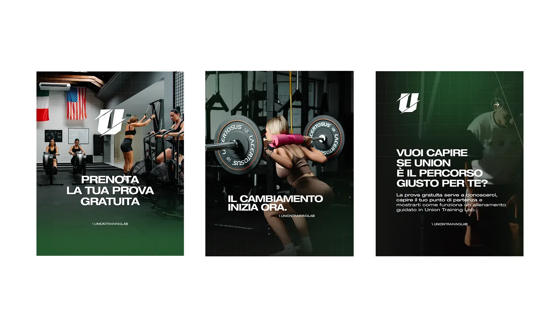 Tre grafiche social di Union Training Lab: prova gratuita, cambiamento e percorso di allenamento