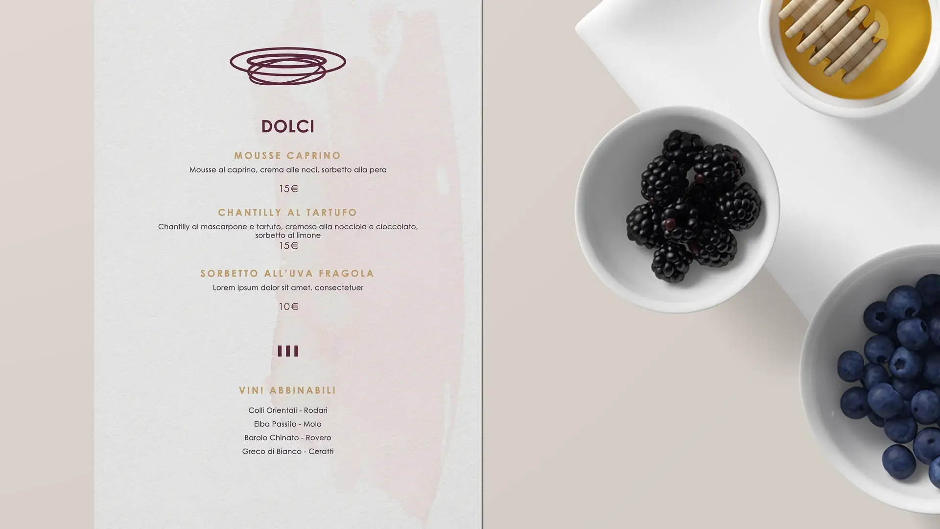 Nuovo logo dell'Osteria l'Abbiccì applicato sul menu dei dolci stampato, vista dall'alto