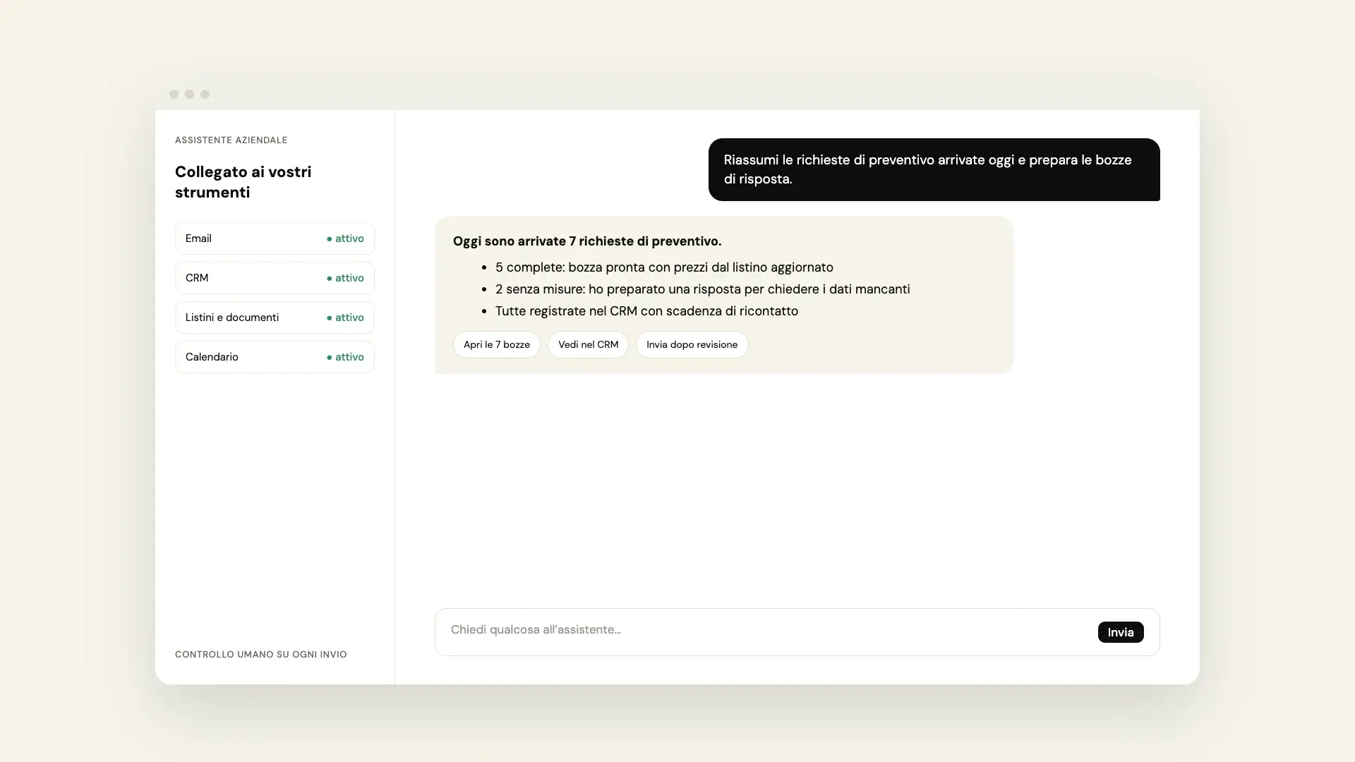 Esempio di assistente AI aziendale collegato a email, CRM e documenti